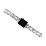 Silver watch band with gemstones on a white background