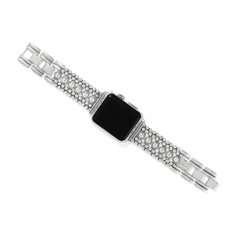 Silver watch band with gemstones on a white background