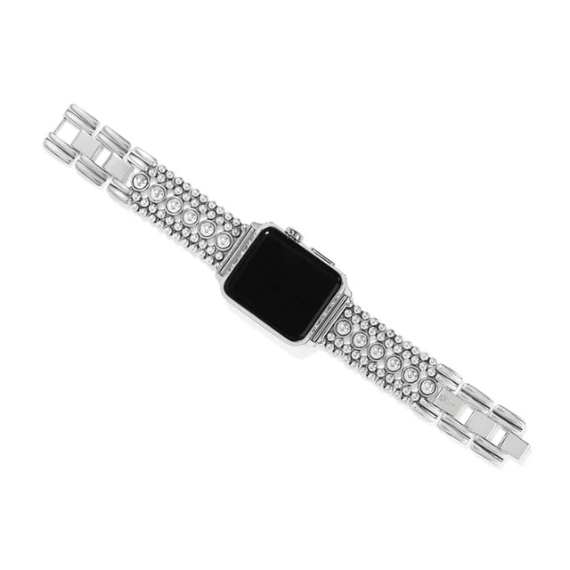 Silver watch band with gemstones on a white background