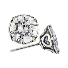 Pair of silver stud earrings with clear gemstones on a white background