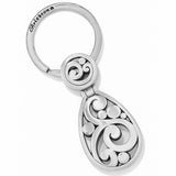 Silver keychain with intricate design on a white background
