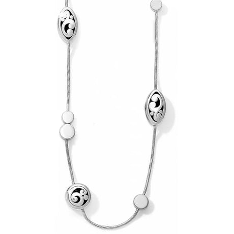 A silver-toned snake chain necklace featuring oval and round charms with black Om symbols, displayed on a clean white background.