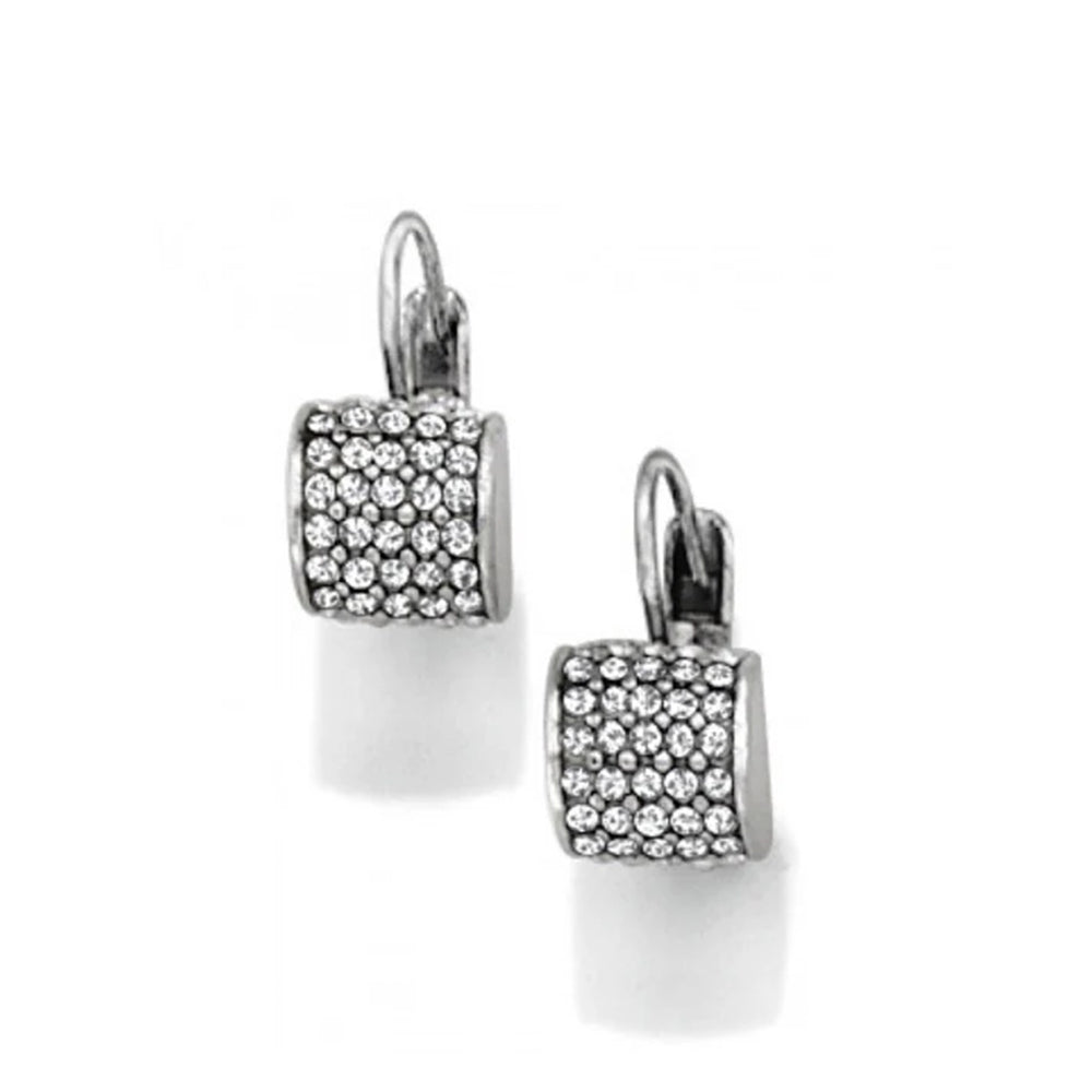 Pair of silver square earrings with clear stones on a white background