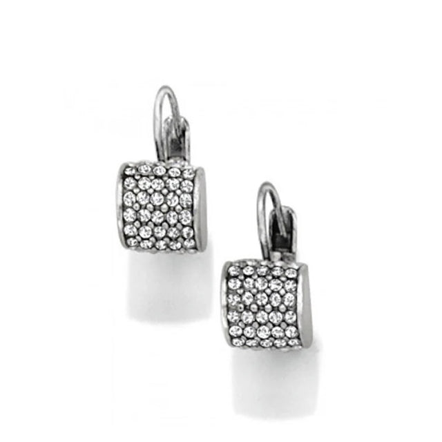 Pair of silver square earrings with clear stones on a white background