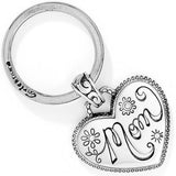 Silver keychain with 'Mom' engraved on a heart-shaped pendant