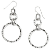 Pair of silver hoop earrings with chain details on a white background