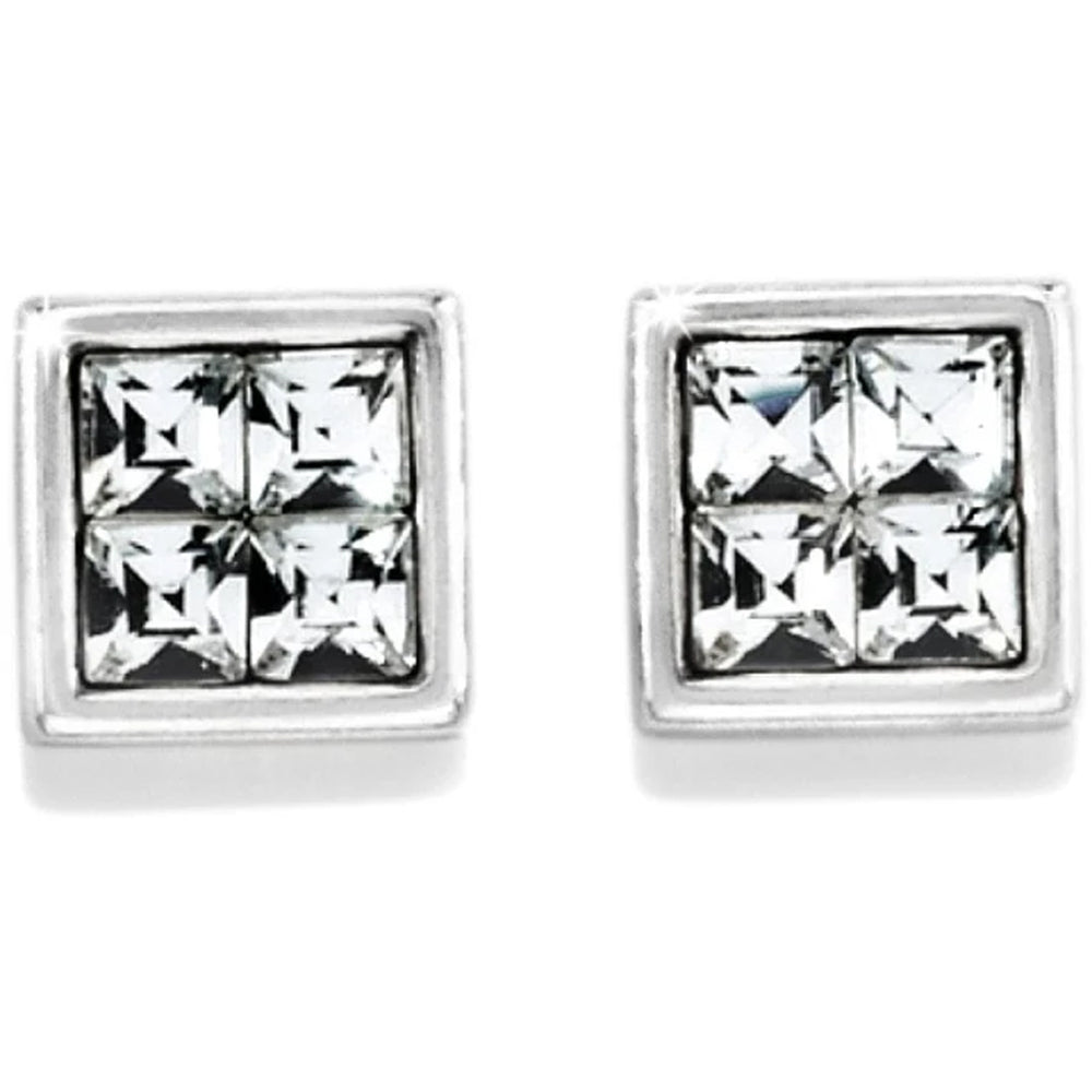 Square-cut crystal stud earrings on a white background