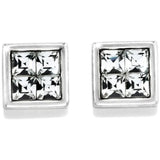 Square-cut crystal stud earrings on a white background