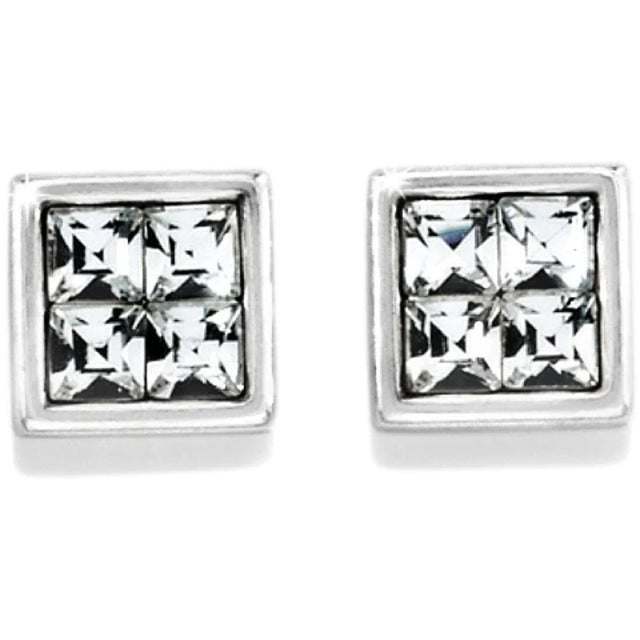 Square-cut crystal stud earrings on a white background