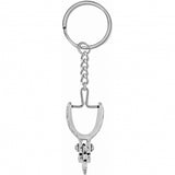 Silver keychain with a unique design on a white background
