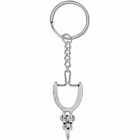 Silver keychain with a unique design on a white background