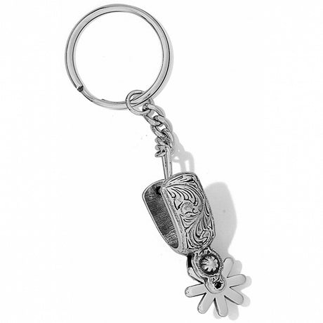 Silver keychain with a cowboy hat and lasso design on a white background