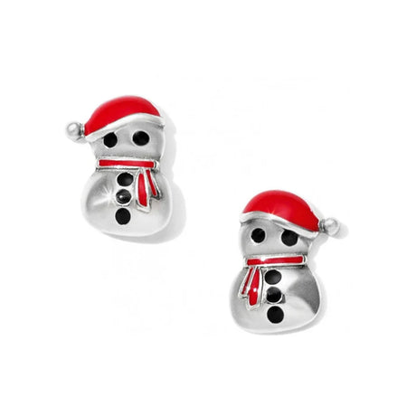 Pair of snowman-shaped earrings with red hats and scarves on a white background