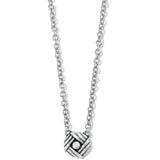 Silver necklace with a geometric pendant on a white background