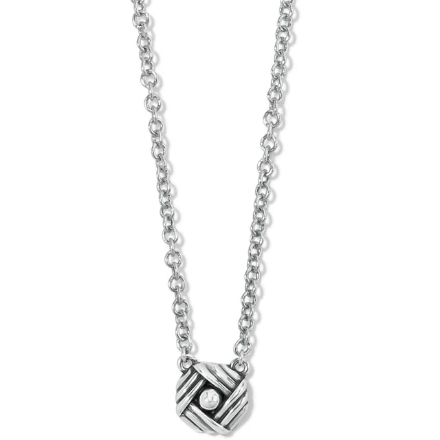 Silver necklace with a geometric pendant on a white background
