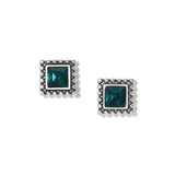 Pair of square stud earrings with teal gemstones on a white background