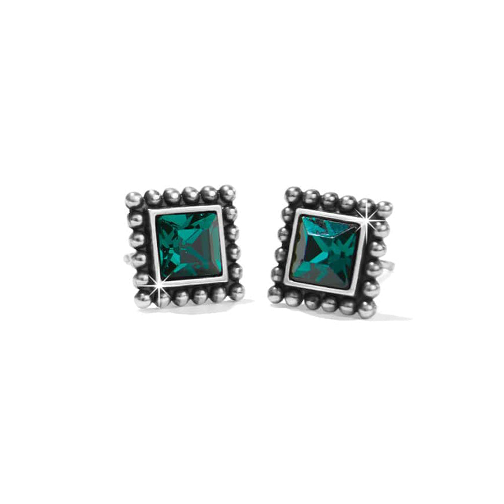 Pair of square green gemstone earrings with silver accents on a white background