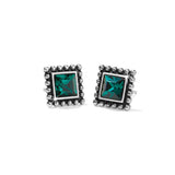 Pair of square green gemstone earrings with silver accents on a white background
