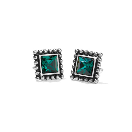 Pair of square green gemstone earrings with silver accents on a white background