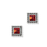 Pair of square red gemstone earrings on a white background