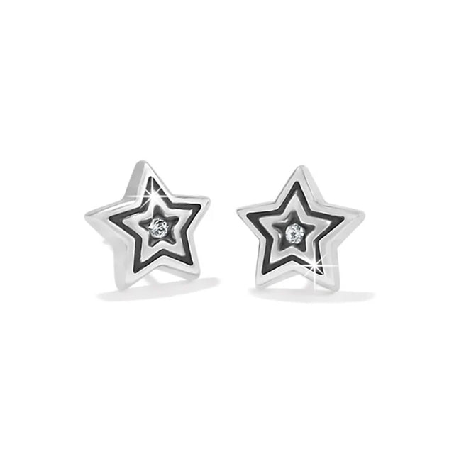 Star-shaped earrings with a central gemstone on a white background