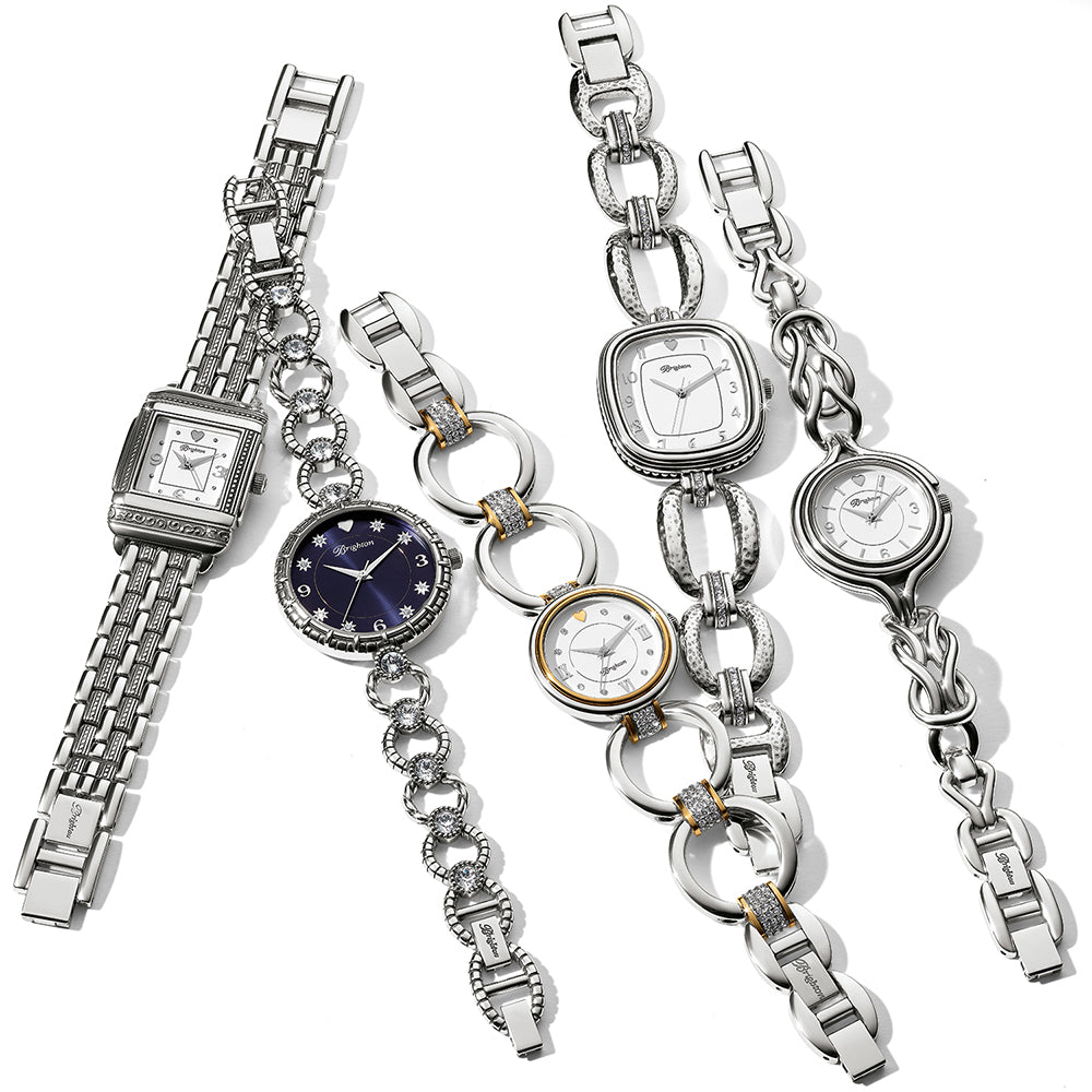 Collection of silver watches with various designs on a white background