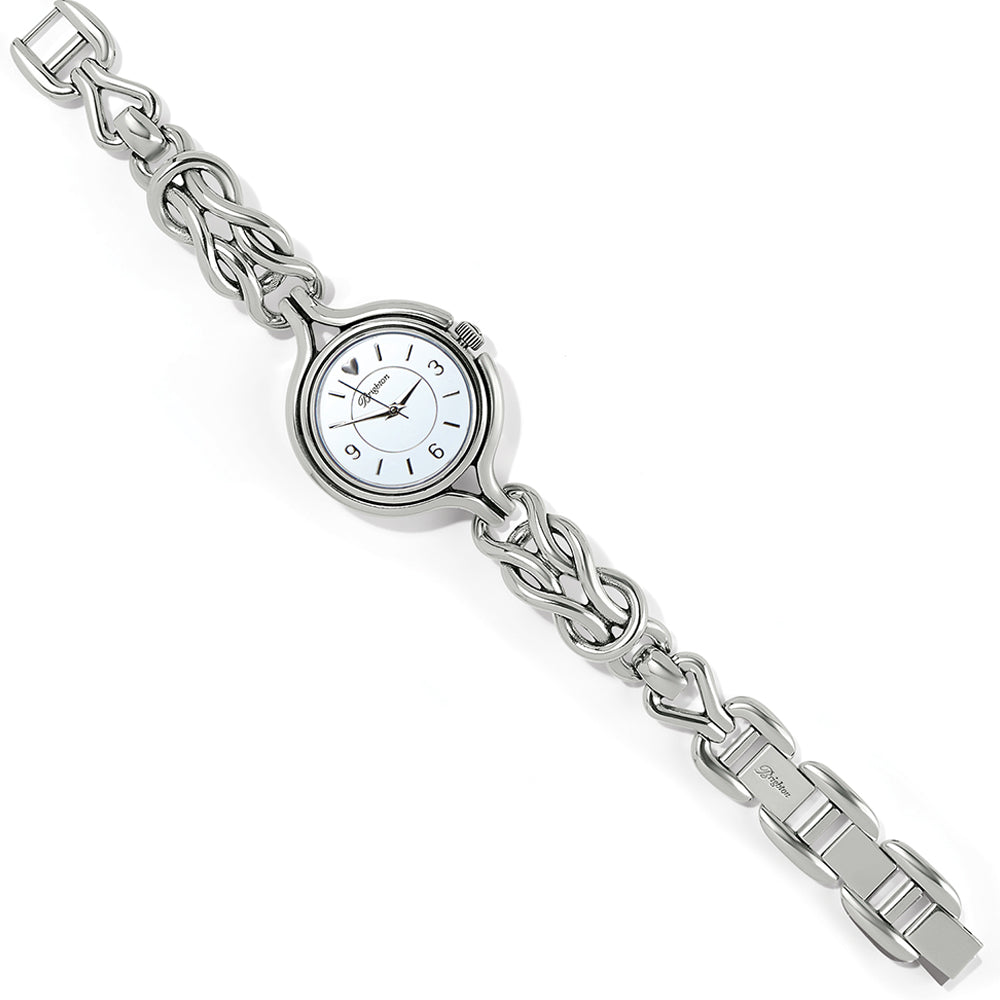 Silver watch with braided bracelet on a white background