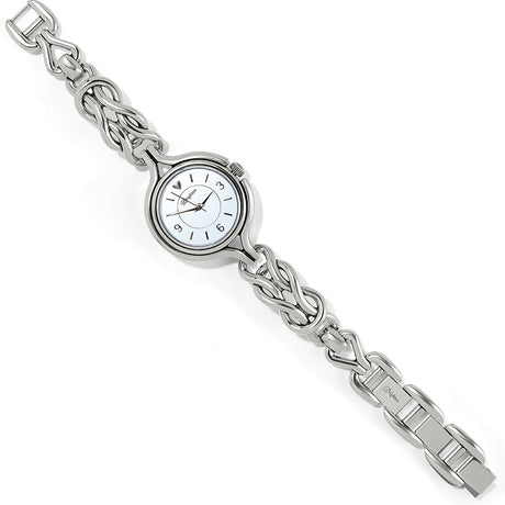 Silver watch with braided bracelet on a white background
