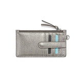 Silver metallic wallet with blue accents on a white background
