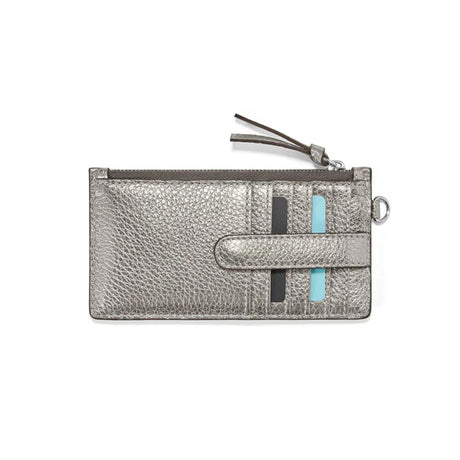 Silver metallic wallet with blue accents on a white background