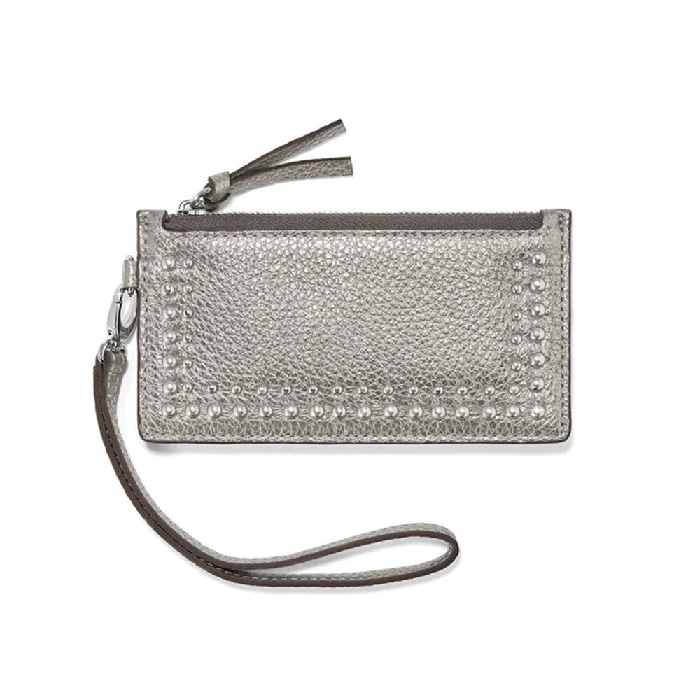 Silver glittery wristlet with rhinestone embellishments on a white background
