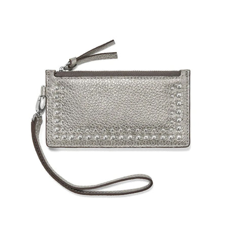 Silver glittery wristlet with rhinestone embellishments on a white background