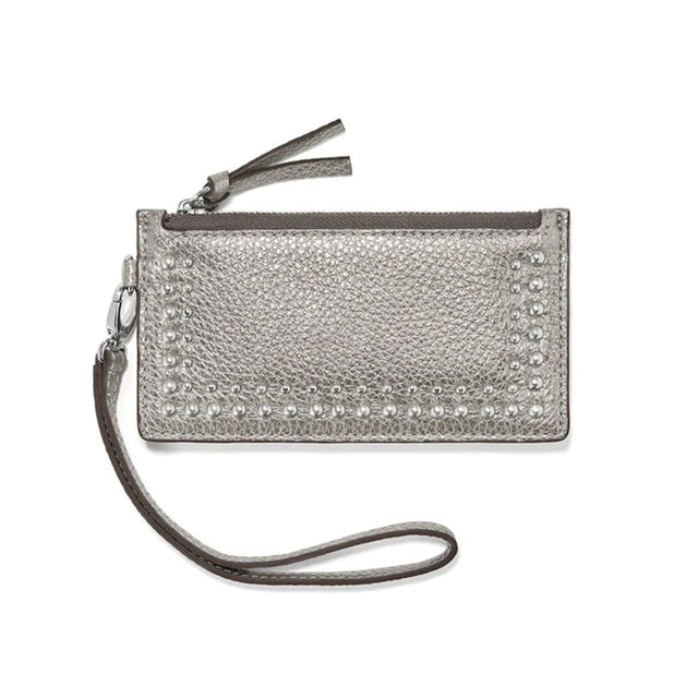 Silver glittery wristlet with rhinestone embellishments on a white background
