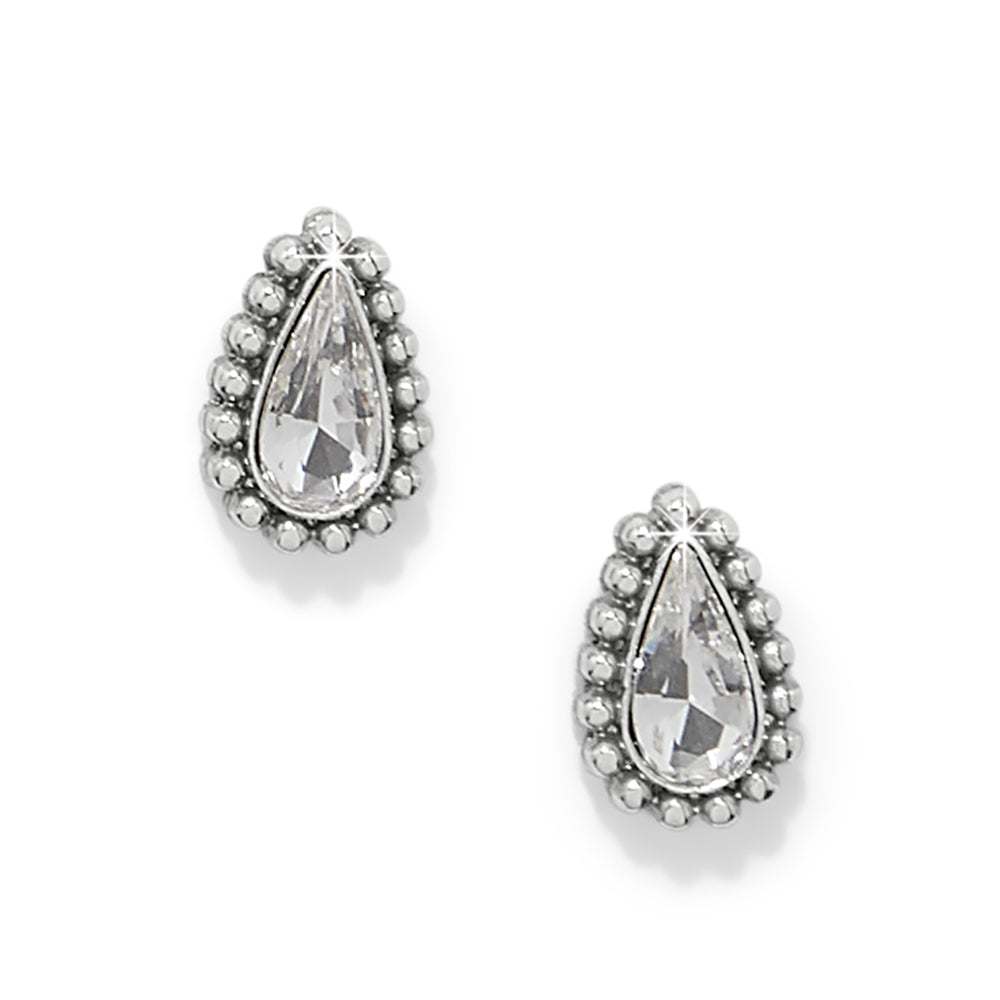 Teardrop-shaped earrings with clear gemstones on a white background