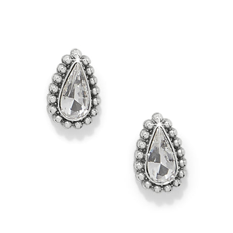 Teardrop-shaped earrings with clear gemstones on a white background