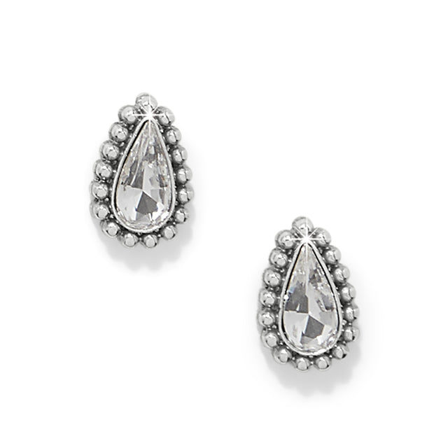 Teardrop-shaped earrings with clear gemstones on a white background
