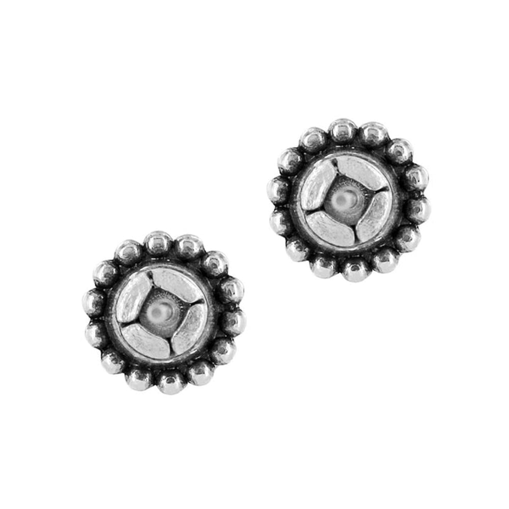 Pair of silver floral earrings on a white background