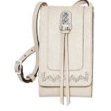 Beige handbag with decorative elements on a white background