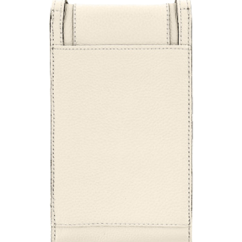 Close-up of a beige leather wallet with stitching details on a white background