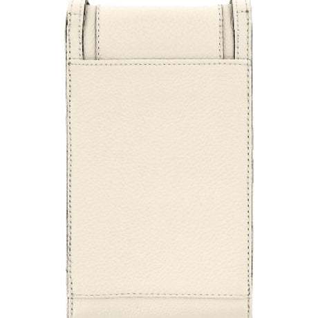 Close-up of a beige leather wallet with stitching details on a white background