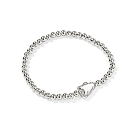 Stretchy silver beaded bracelet on a white background