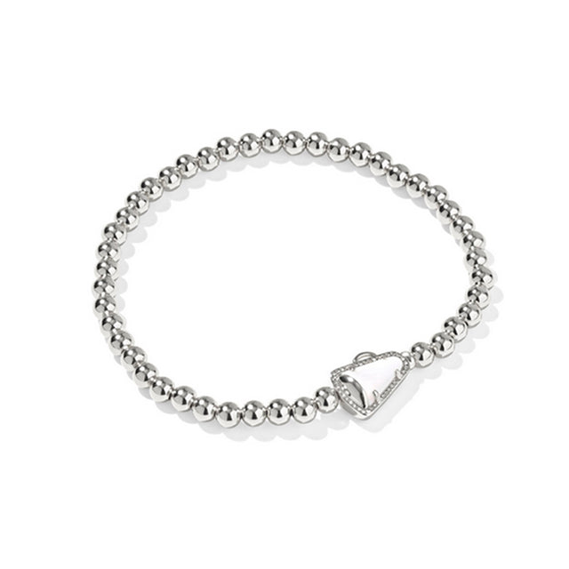 Stretchy silver beaded bracelet on a white background