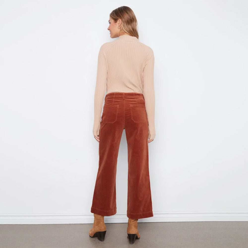 A woman stands with her back to the camera wearing a light beige ribbed knit mock-neck sweater and rust-brown wide-leg corduroy pants, paired with black pointed-toe heels, against a plain white wall.