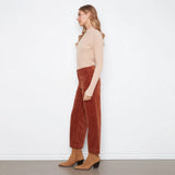 A woman stands in profile wearing a light beige ribbed knit mock-neck sweater, rust-brown corduroy wide-leg pants, and tan suede ankle boots against a plain white wall.