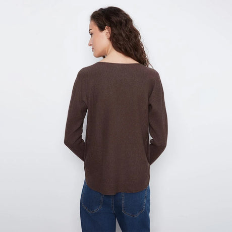 A woman shown from the back wearing a dark brown long-sleeve knit top and blue jeans against a plain white background.