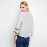 Woman wearing a striped blouse with floral cuffs against a white background