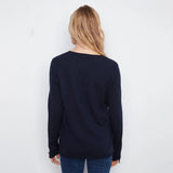 A woman viewed from behind wearing a dark navy long-sleeve knit top and blue jeans against a plain white background.