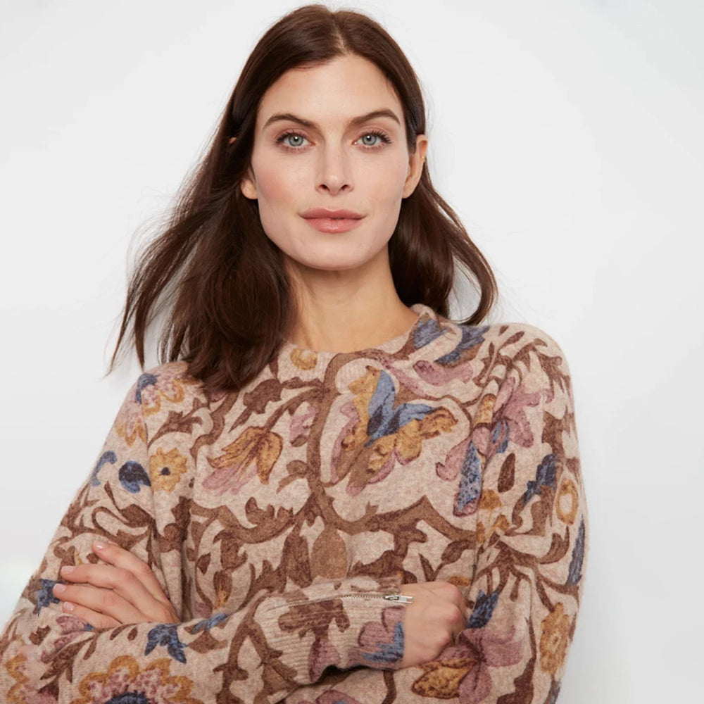 Charlie B Silhouette Long Sleeve Drop Shoulder Crew Neck Printed Sweater With Zipper Detail