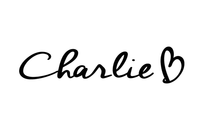 Logo with the name 'Charlie' and a heart symbol on a white background