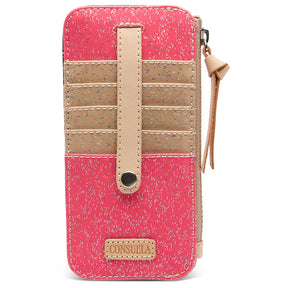 A pink and beige wallet case with a textured pattern, featuring a vertical beige strap, four card slots, and a zipper with a tassel pull, branded with 'CONSUELA' on a beige patch at the bottom.